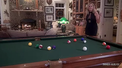 Amateur wives licking and masturbating on the pool table
