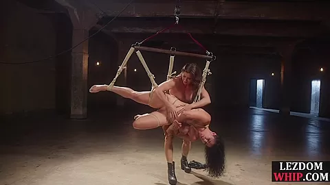 Suspension bondage Asian lez assfucked by strapon lezdom
