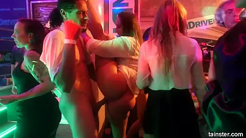 Slutty pornstars fuck in a club