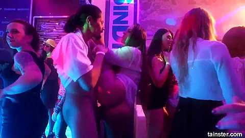 Slutty pornstars fuck in a club