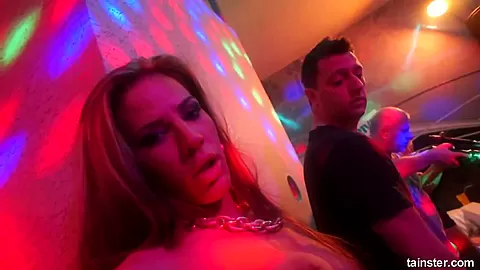 Slutty pornstars fuck in a club