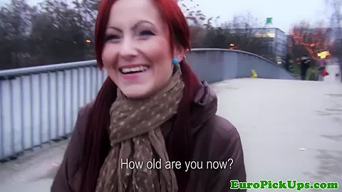 Redhead euro creampied for cash in public