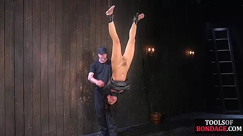 Pathetic teen 18+ in leather BDSM whipped in suspension bondage