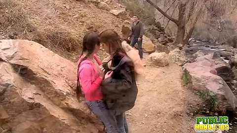 Laura Coryander and Miatsu Kumiko make a new friend in the park - Public Handjobs