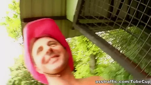 Two horny guys back Clarissa's tight ass outdoor and drop their loads all over her face.
