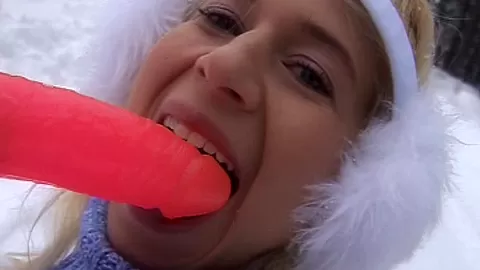 Busty teen 18+ Yvonne toy pussy in snow