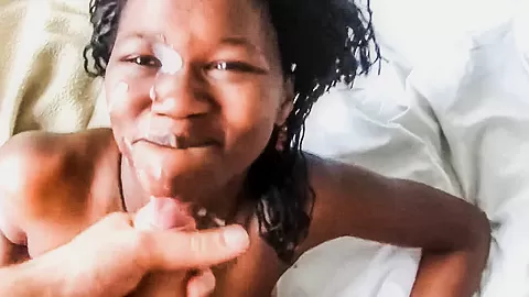 Petite African teen 18+ Happy To Get Facial Cumshot From White Cock