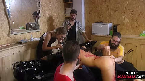 Public deepthroating and licking with golden shower ending