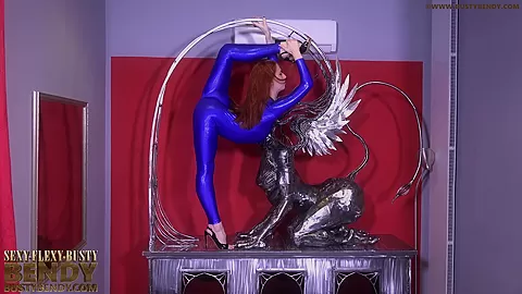 Brunette Lady Bending Blue Spandex - Watch4Fetish