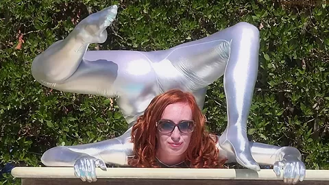Bending In A Silver Spandex Suit - Watch4Fetish