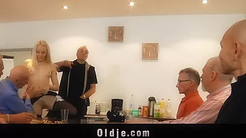 Seven grandpas gang bang young blonde at a meeting