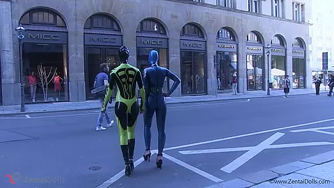 Through The City In A Tight Latex Costume - Watch4Fetish