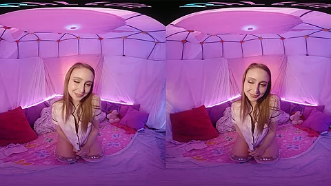 Cute blonde with big natural tits masturbates for you in VR
