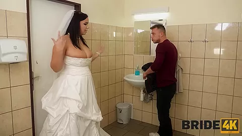 BRIDE4K. Brunette wife gets her hairy vagina licked and penetrates in the WC