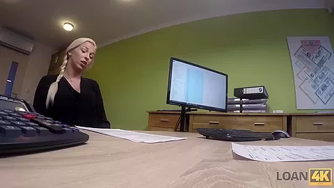 Loan4k. Blonde hottie with pigtail is owned by loan manager for cash