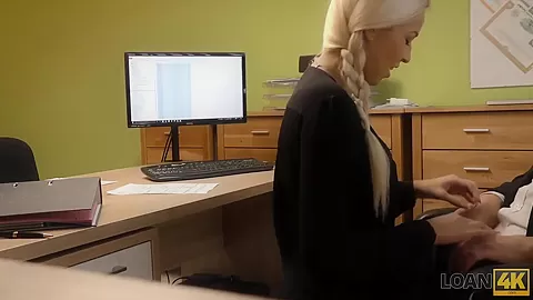 Loan4k. Blonde hottie with pigtail is owned by loan manager for cash