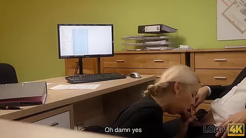 Loan4k. Blonde hottie with pigtail is owned by loan manager for cash
