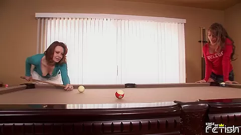 Blonde teen and redhead MILF have lesbian sex on the pool table