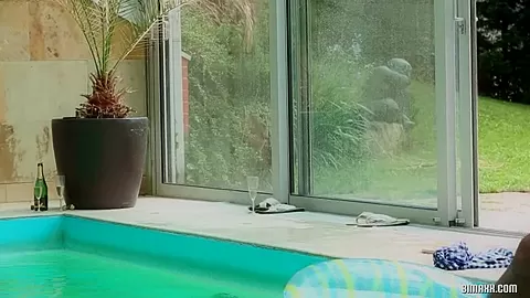 Bisexual couple has interracial groupsex poolside