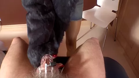 Sexy Blond Fur Coat Milf Jerks Off Her Chaste Slave In Her Brown Pantyhose - FemdomSex