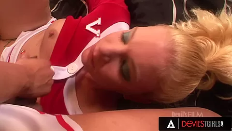 DEVILS T GIRLS - Trans Cheerleader Pleases A Fan By Doing A Threesome With One Of Her Cheer Friends
