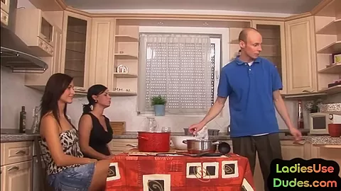 Femdom CFNM babes fuck guy with strapon in kitchen threeway