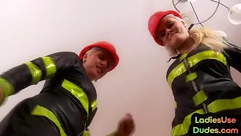 Firefighter CFNM femdom ladies fuck guy in 3way with strapon