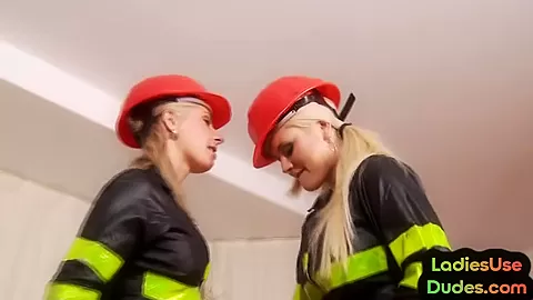 Firefighter CFNM femdom ladies fuck guy in 3way with strapon