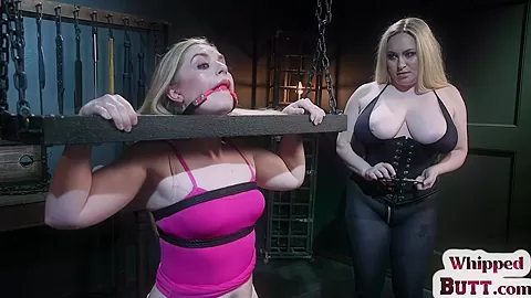 Chubby femdom foot worshipped by subject while bound in duo