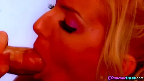 Glam blonde babe in stockings licks banana and gets fucked
