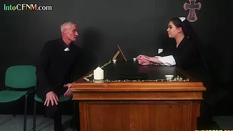 CFNM college babes suck priest in office group BJ with nun