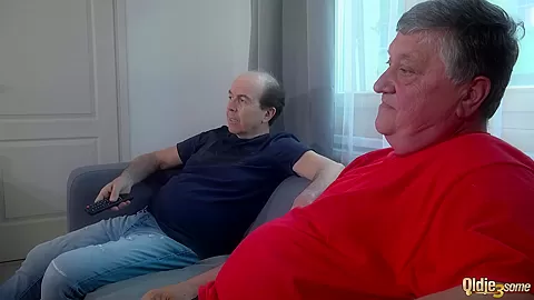 teen 18+ gets hard fucked and gives footjob to 2 grandpas