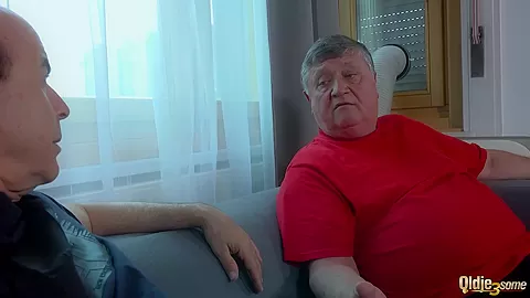teen 18+ gets hard fucked and gives footjob to 2 grandpas