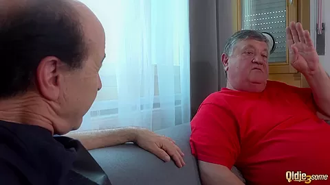 teen 18+ gets hard fucked and gives footjob to 2 grandpas