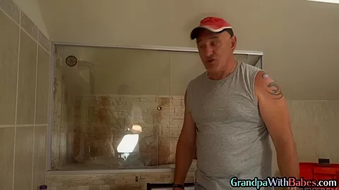 Old horny repairer fucks young brunette babe with tattoo