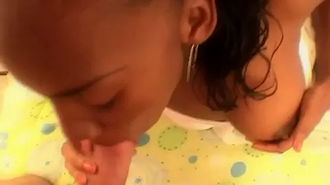 Dick sucking ebony teen 18+ gives head to white cock
