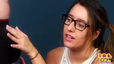 Amateur CFNM GF with glasses sucks cock till cumshot