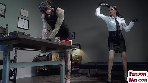 Whipping busty femina strapon fucks sub ass in office
