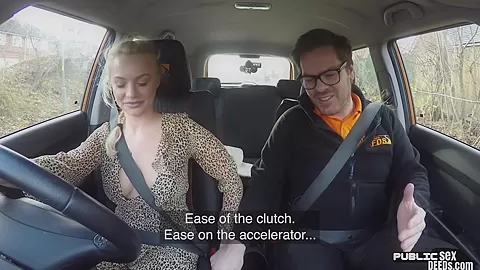 Blonde eurobabe rides instructor in car before giving bj