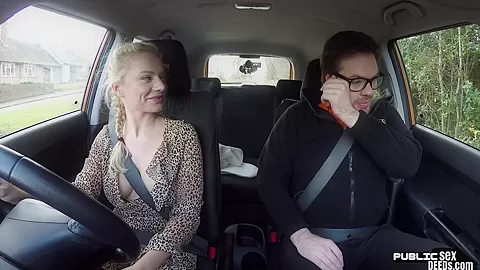 Blonde eurobabe rides instructor in car before giving bj