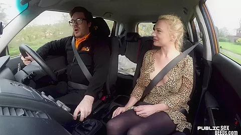 Blonde eurobabe rides instructor in car before giving bj