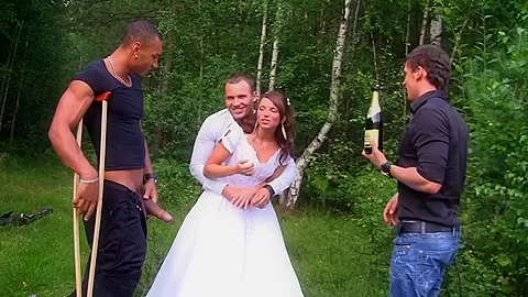 the groom the bride drilled hard in the woods