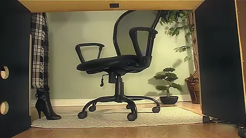 Secretary with boots under desk masturbation