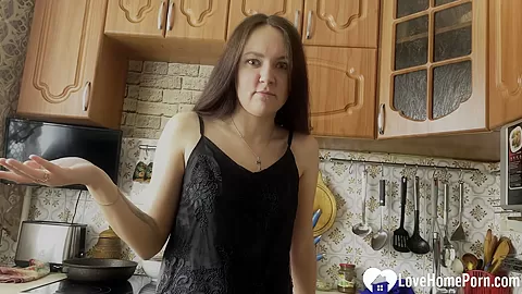 A blowjob and a cowgirl in the kitchen
