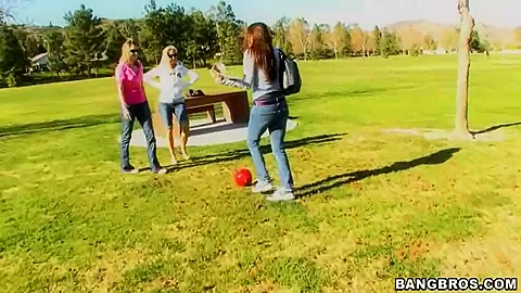 Kinky babes playing outside and showing their cool forms