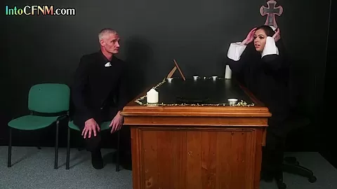 CFNM nun wanking priest in group BJ with college sluts