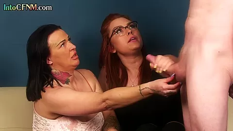 CFNM British amateur MILFS wanking guy cock in 3way