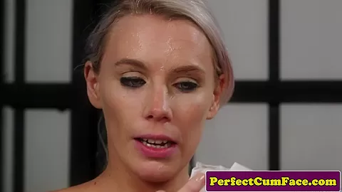 Busty officer babe gets perfect load on face