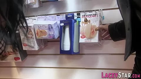 Lesbian grandma in sex store eats out