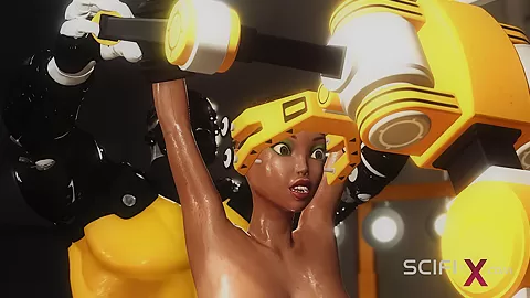 A sexy hot cuffed ebony gets fucked hard by a sex cyborg